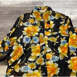 Vintage 60s 70s Jubilee Yellow Black woMens S Floral Long Sleeve Shirt Sunflower